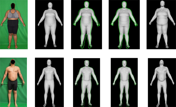 The camera images on the left helped to create 3D optical body scans on the right.